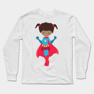 African American Girl, Superhero Girl, Red Cape Long Sleeve T-Shirt
